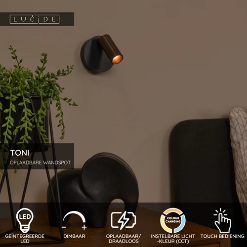 Lucide TONI - Oplaadbare Wandspot / Wandlamp - Accu/Batterij - Ø 8,1 cm - LED Dimb. - CCT - 1x2W 2700K/4000K - Magnetisch - Koffie - USP